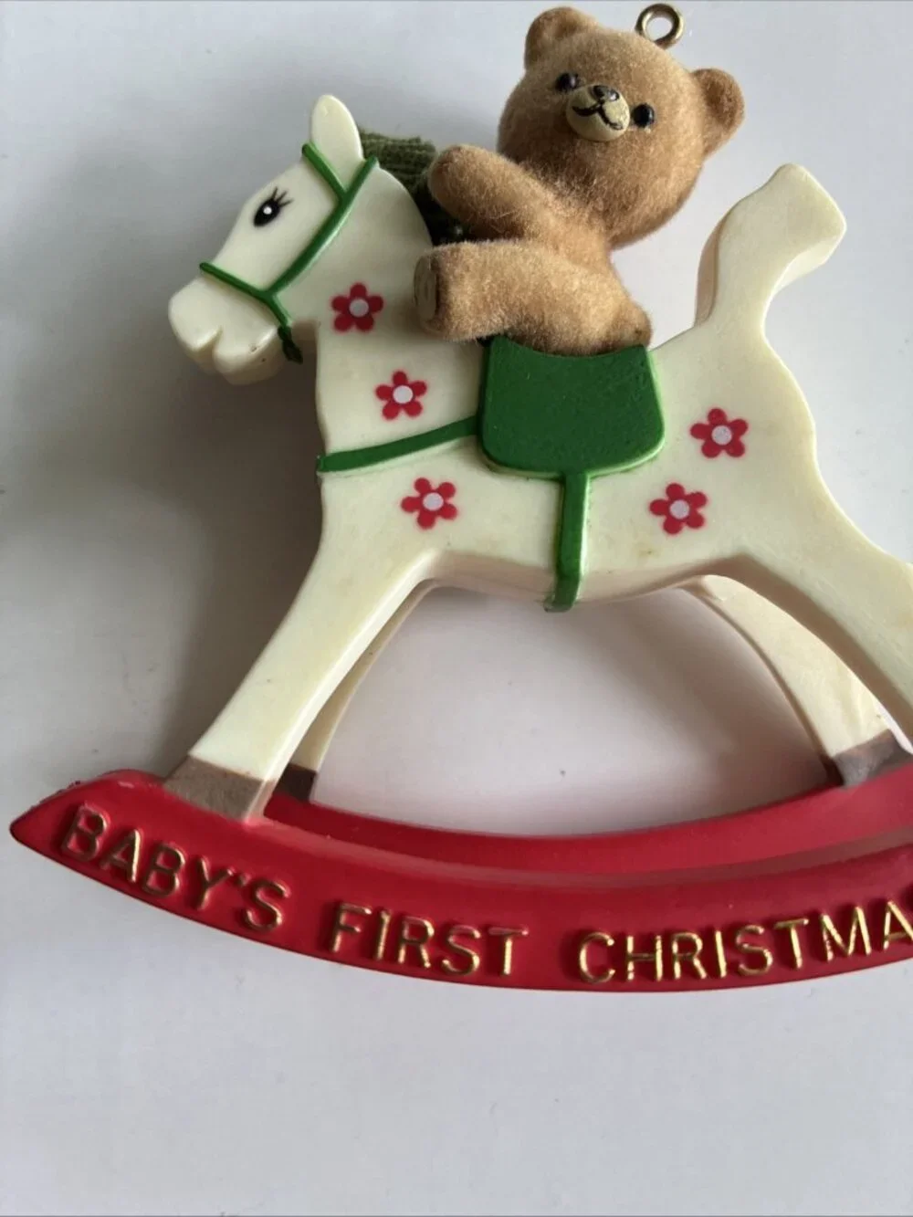 Vintage 1981 Babys First Christmas Teddy Bear Rocking Horse Ornament Flocked